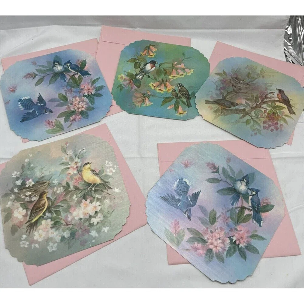5 VINTAGE QUALITY CREST BEAUTIFUL BIRDS SCENES GREETING CARDS UNUSED ENVLEOPES